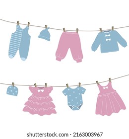 Baby clothes hang on the clothesline. Things are dried on clothespins after washing. Vector illustration in pink and blue colors