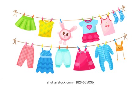 Baby clothes hanging on clothesline. Drying children's clothes and accessories after washing on rope. Shorts, socks, romper, sweater, hat, toys, T-shirt, sarafans, dress, skirts, blouse cartoon vector