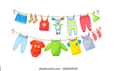 Baby clothes hanging on clothesline. Drying children's clothes and accessories after washing on rope. Shorts, socks, romper, sweater, hat, toys, T-shirt, sarafans, dress, skirts, blouse cartoon vector