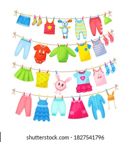 Baby clothes hanging on clothesline. Drying children's clothes and accessories after washing on rope. Shorts, socks, romper, sweater, hat, toys, T-shirt, sarafans, dress, skirts, blouse cartoon vector