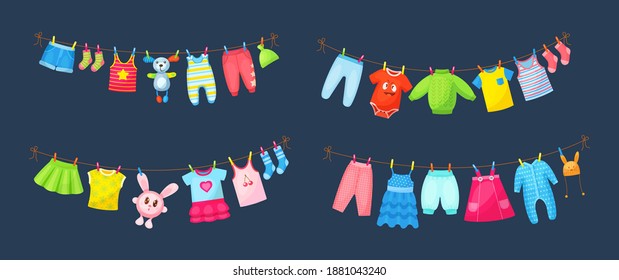 Baby clothes hanging on clothesline. Drying children's clothes and accessories after washing on rope. Shorts, socks, romper, sweater, hat, toys, T-shirt, sarafans, dress, skirts, blouse cartoon vector