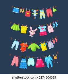 Baby clothes hanging on clothesline. Drying children's clothes and accessories after washing on rope. Shorts, socks, romper, sweater, hat, toys, T-shirt, sarafans, dress, skirts, blouse cartoon vector