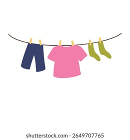 baby clothes hanging on clothesline, socks, pants and t-shirt. Vector art colorful illustration. Isolated design element. Logo, icon, print template