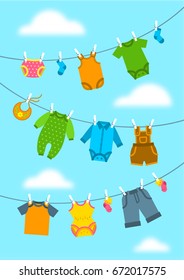 Baby clothes hanging on ropes with clothespins. Vector flat vertical background. Newborn kid welcome banner. Baby shower party cartoon card. Garments for little boy and girl drying on sky backdrop