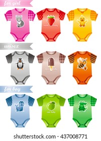 Baby clothes icon set with fashion girl, boy and unisex body suits. Colorful decors with cute cat, strawberry, duckling, penguin, ice cream, bee, seal, apple, crocodile