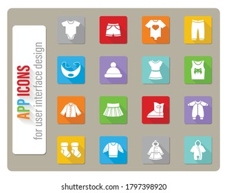 baby clothes icons set in flat design with long shadow
