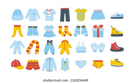 Baby clothes icons set. Hand drawn cartoon doodle illustration. Vector collection of isolated objects of various children's clothes and shoes on a white background