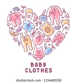 Baby clothes icons set with inscription. Linear style vector illustration. Suitable for advertising