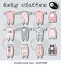 baby clothes icons set on background