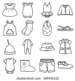 Baby clothes icons set.Clothing for girl. Isolated vector illustration on white background.