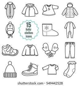 Baby clothes icons set.Clothing for winter. Isolated vector illustration on white background.