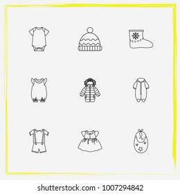 Baby Clothes line icon set baby overalls, winter jacket and winter hat etc.