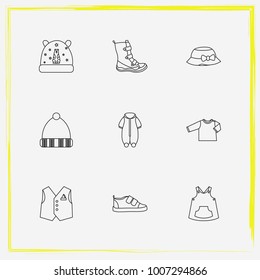 Baby Clothes line icon set winter hat, baby overalls and shoes etc.