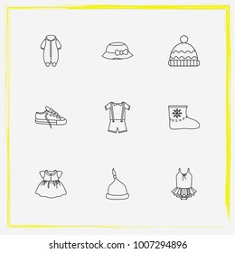 Baby Clothes line icon set baby dress, felt boots and baby overalls etc.