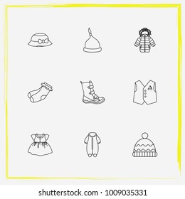 Baby Clothes line icon set hat, winter jacket and baby dress