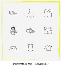 Baby Clothes line icon set bodysuit, winter jacket and shorts