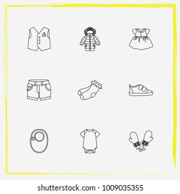 Baby Clothes line icon set winter jacket, bib and bodysuit