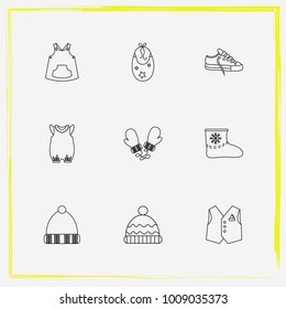 Baby Clothes line icon set mittens, bib and shoes
