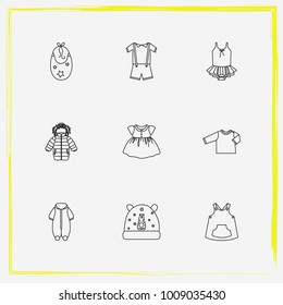 Baby Clothes line icon set bodysuit, baby overalls and winter jacket