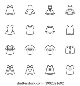 Juego de iconos de línea de ropa para bebés, colección de símbolos de vector de contorno, paquete de pictogramas de estilo lineal. Señales, ilustración del logotipo. El juego incluye íconos como vestido de verano, falda de bebé, saltador, pantalones cortos, camiseta