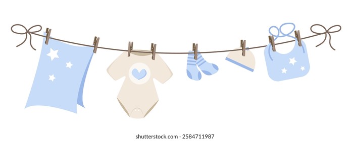 Baby clothes on clothesline. Flat vector illustration.