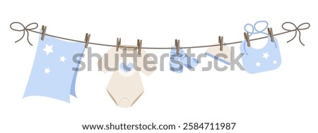 Baby clothes on clothesline. Flat vector illustration.