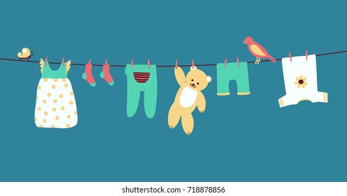 Baby clothes on clothesline hanging and drying. Clean apparel on a rope. Colorful vector illustration on blue background. 