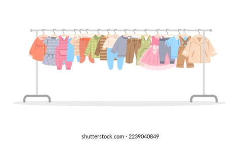 Baby clothes on a long shop hanger rack. Little boy and girl different garments hanging on store hanger stand. Children dresses, shirts, pants and coat. Flat cartoon illustration. Sale or second hand