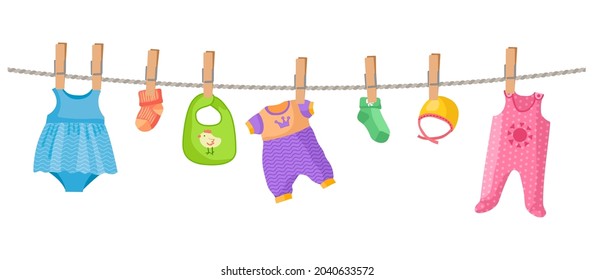 Baby clothes on rope. Cute children dress and socks, isolated childish accessories vector set