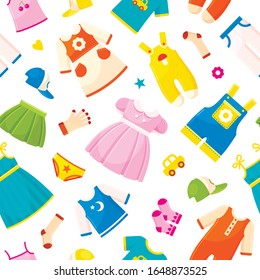 Ropa para bebés, tela brillante y tejido para niños. Diseño colorido para bebés. Ilustración de dibujos animados aislados de fondo blanco