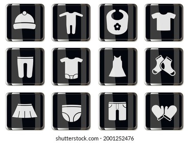 Baby clothes pictograms in black chrome buttons. icon set for your design. vector icons