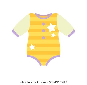 Baby clothes, poster with romper suit fo kids, clothing with stripes and stars, fashion for children, vector illustration isolated on white background
