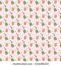 Baby clothes seamless pattern, boho clothes for kids, baby boy or baby girl clothes, flat illustration pattern, kids clothes pattern, newborn things pattern, children fashion