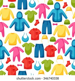Baby clothes. Seamless pattern with clothing items for newborns and children.