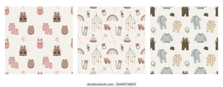 Baby clothes seamless pattern. Girl and boy newborn bodysuit, hat and pants. Baby and toddler clothing, natural eco cotton. Textile, wrapping paper, wallpaper. Print for fabric. Vector background