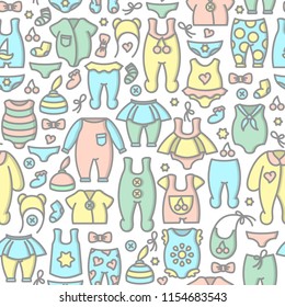 Baby clothes seamless pattern. Linear style vector illustration. Suitable for wallpaper, wrapping or textile