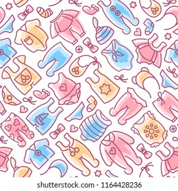 Baby clothes seamless pattern. Linear style vector illustration. Suitable for wallpaper, wrapping or textile