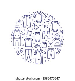 Baby clothes. Set for boy. Vector illustration in flat linear style. Circle composition