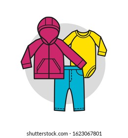 Roupas de bebê. Preparar para o menino. Ilustração vetorial em estilo linear plano