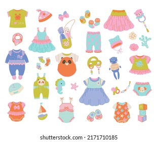 Baby clothes set. Cute infant dress and cloth, child wear isolated. Fabric apparel, nursery decorative elements. Kid summer nowaday vector set