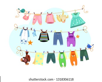 Baby clothes set. Drying clothes collection. Can be used for topics like laundry, housework, infant clothing