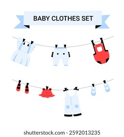 Baby Clothes Set Hanging On A Clothesline In Flat Vector Illustration Symbolizing Infant Fashion, Babywear, And Parenthood, Isolated On White Background