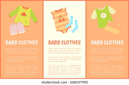 Baby Clothes set, multicolored vector illustration isolated on bright backdrops, baby hat and socks, shirts and suit, cute children s striped apparel