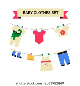 Baby Clothes Set On Clothesline In Flat Vector Illustration Symbolizing Baby Fashion, Laundry, And Childhood, Isolated On White Background