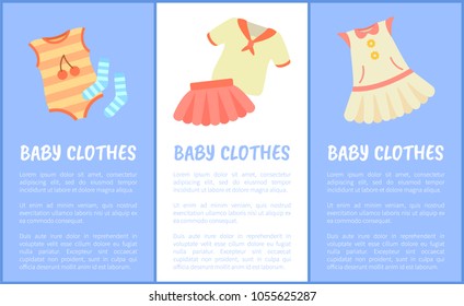 Baby clothes, set of posters, baby clothes, with text samples and headlines, dress and romper, socks and t-shirt with skirts, vector illustration