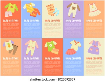 Baby clothes set with text sample and lettering, t-shirts and rompers, baby clothes and dresses with skirts and pants, isolated on vector illustration