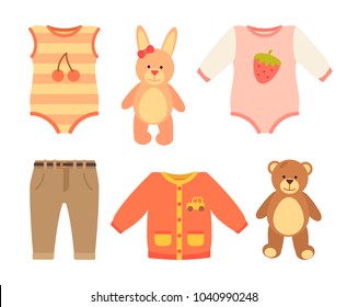 Baby clothes and set of toys, jumpers with prints of berries, teddy bear and rabbit, pants and baby clothes, vector illustration isolated on white