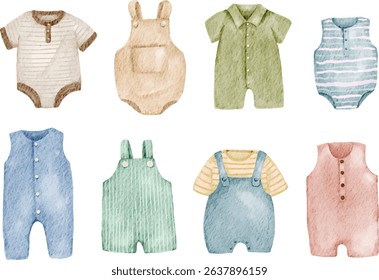 Baby clothes set watercolor illustration isolated on white background. Baby outfit drawing in gentle, soft, and warm colors for nursery design