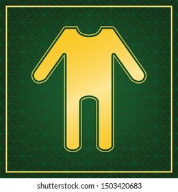 Baby clothes sign. Golden icon with gold contour at dark green gridded background. Illustration.