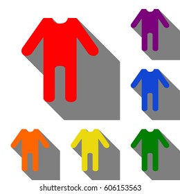 baby clothes sign. Set of red, orange, yellow, green, blue and violet icons at white background with flat shadow.
